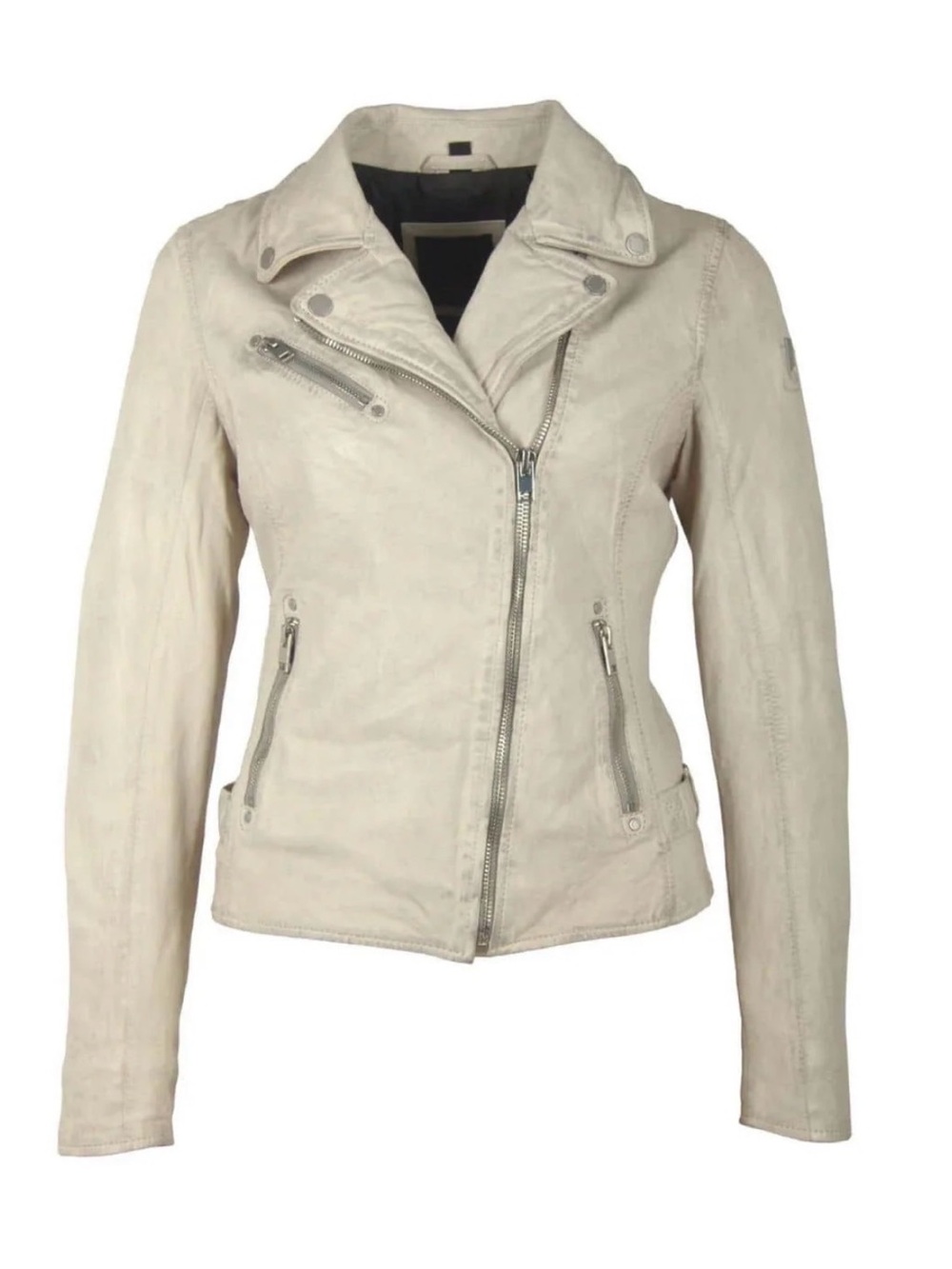 Women's Light Beige Leather Moto Jacket with Asymmetrical Zip